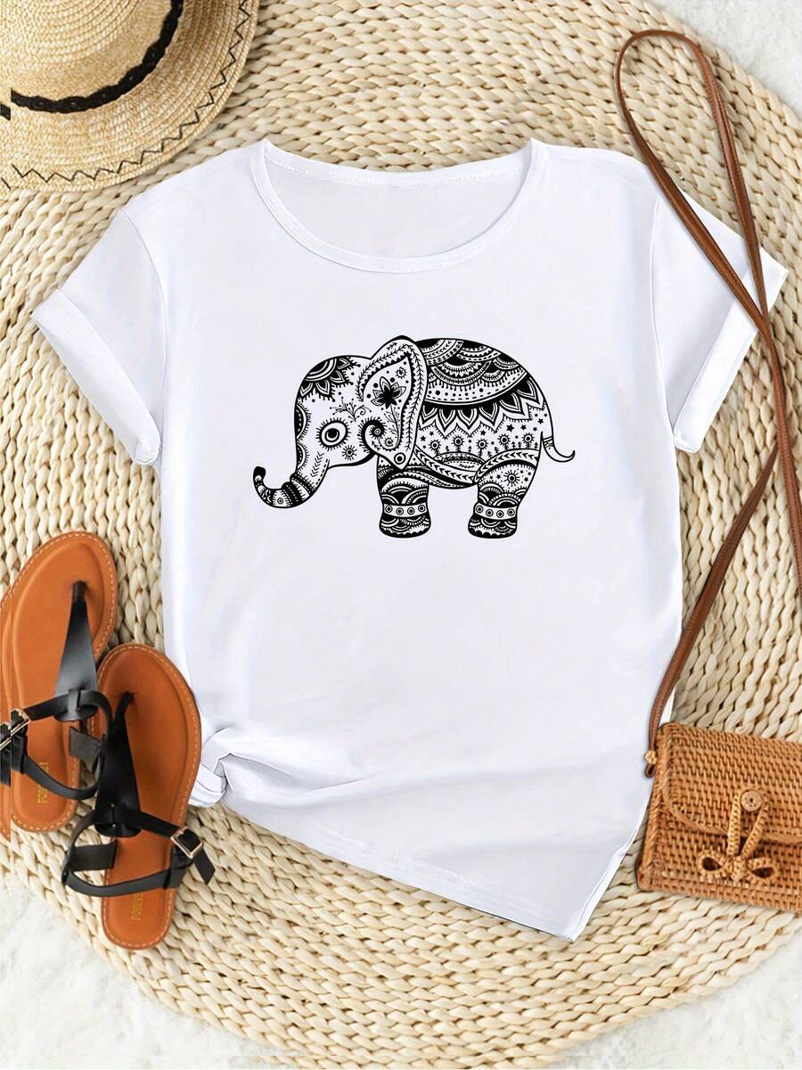 Loose-Fitting Short-Sleeved T-Shirt With A Cute Elephant Print, Versatile And Casual. Adorable Animal Print, Fun Letter Print. Pairs Well With Streetwear. Perfect For Summer Outdoor Activities Or Everyday Wear. Ideal For Sweet Girls Or Students. Cool And Breathable Summer Clothing. - 白色 - 查看 1