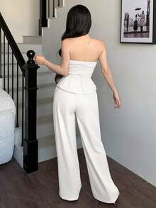 de 2 piezas de top de tirantes con volantes morado y pantalones de pierna ancha para mujer, elegante y de moda, adecuado para la oficina, el transporte, el estilo retro, fiestas, citas, el Día de San Valentín, uso en primavera/verano - Blanco - Ver 2