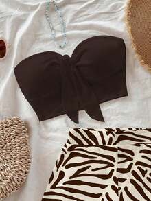 Conjunto de 2 piezas de estilo casual de vacaciones con shorts de estampado de cebra en color albaricoque y verde, y top bandeau negro, adecuado para vacaciones de verano - Multicolor 5 - Ver 3