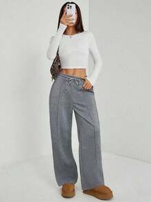 Pantalón de chándal de pierna recta con detalle de guijarro para mujer, mezcla de algodón cómoda - Gris - Ver 4
