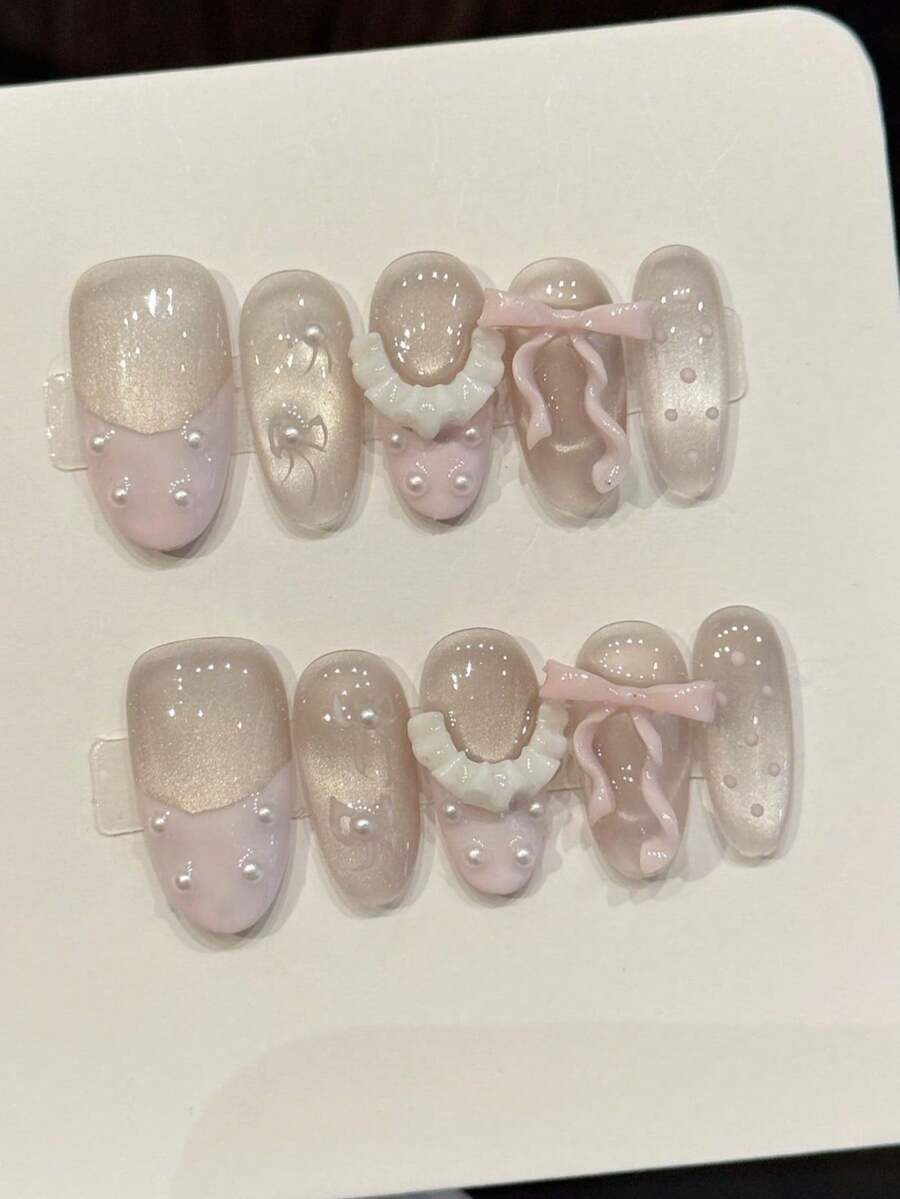10片/套 美甲贴片,柔粉色蝴蝶珠,粉金渐变蝴蝶结,珍珠,可佩戴美甲,甜美温柔美元美甲,手工制作可佩戴美甲 - 淡紫色 - 查看 1