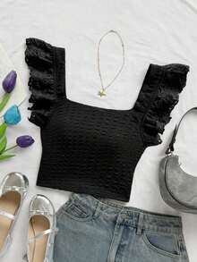 Elegante top corto de mujer de punto con plisados, adornos de encaje floral y diseño ideal para vacaciones - Negro - Ver 3