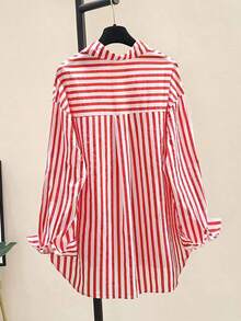 Camisa de manga larga casual con bolsillo en el pecho y estampado de rayas para mujeres, otoño e invierno - Rojo - Ver 2