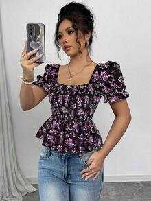 Blusa de mujer con estampado floral diminuto, mangas abullonadas y dobladillo con volantes - Negro - Ver 6
