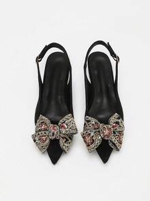 Giày sandal đế bằng nữ mũi nhọn, màu đen, kiểu dáng casual, thắt nơ bên hông, thời trang xuân/hè mới. - màu đen - Xem 4