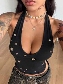 Top de punto ajustado de cuello halter con diseño de ojales para mujer - Negro - Ver 7