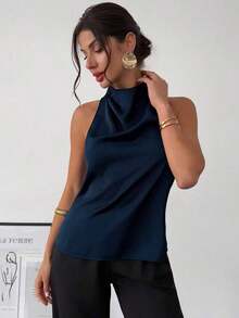 negra ajustada de estilo casual y elegante para la temporada de primavera/verano, con cuello asimétrico, sin mangas, escote halter, espalda descubierta y decoración de lazo - Azul - Ver 6