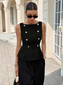 Blusa elegante sin mangas con cintura ceñida para uso diario, verano - Negro - Ver 1