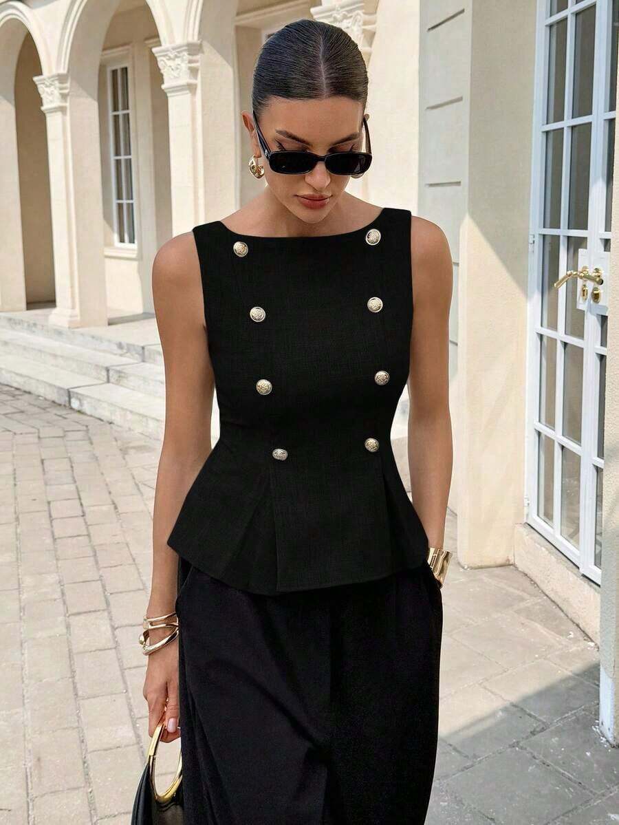 Blusa elegante sin mangas con cintura ceñida para uso diario, verano - Negro - Ver 1
