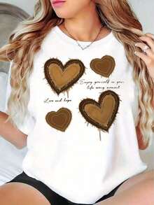 Camisa casual versátil de manga corta, blanca, con estampado de corazones, cuello redondo, textura suave, flecos, cálida, acogedora, estilo divertido y afectuoso, para entusiastas del amor y la vida, transpirable y cómoda. - Blanco - Ver 10
