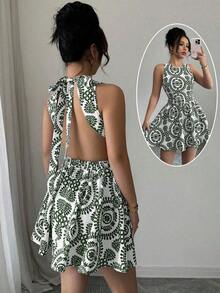 Vestido corto sin espalda para mujer, minimalista y de moda, adecuado para el verano - Verde - Ver 7