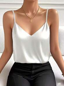 1 pieza Camiseta de satén sin mangas de verano para mujer, elegante top sin espalda de moda, adecuado para verano, citas por la noche, oficina, vacaciones, uso casual diario - Blanco - Ver 3
