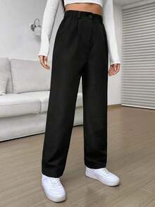 Pantalones casuales sueltos de pierna recta con plisados de cintura alta negros para mujeres - Negro - Ver 5