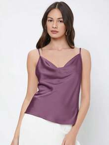 Top de satén sin mangas para mujer, elegante y romántica de unicolor, para uso casual y de negocios, adecuada para oficina, diario, otoño - Púrpura malva - Ver 3