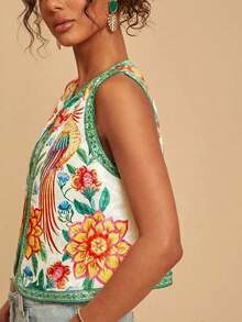 Chaleco ligero de mujer con bordado floral y de loro, chaleco bohemio, chaleco floral, estilo casual de mujer, atuendo para salir, atuendos elegantes, estilo campestre para mujer, atuendos casuales, chaleco elegante - Verde - Ver 7
