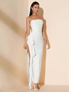 Vestido de dama de honor de boda de verano, vestido largo blanco con pliegues, abertura alta, volantes y tiras para fiesta, sin mangas y sin tirantes, sexy - Blanco - Ver 3