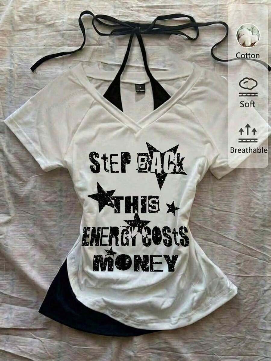 Camiseta de mujer casual de cuello en V retro, con atar, de manga corta y contraste de color, adecuada para el verano - Blanco 10 - Ver 1
