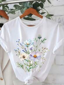Women's Plus Size Pure Cotton Short-Sleeved T-Shirt With Round Neck And Print - Breathable, Casual Top With Random Floral Design, Machine Washable, Suitable For Spring, Summer And Autumn, Versatile Clothing, Modern Design, Comfortable Fabric, Printed T-Shirt. 0T6G - trắng - Xem 1