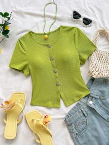Blusa casual de mujer con manga corta, bordado de malla y lazo con botón - Verde 2 - Ver 1