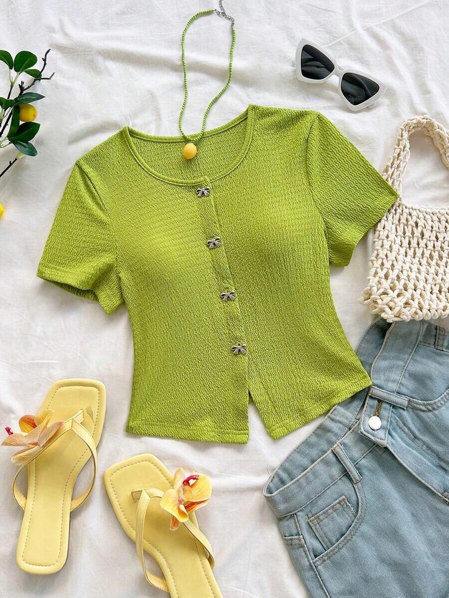 Blusa casual de mujer con manga corta, bordado de malla y lazo con botón - Verde 2 - Ver 1