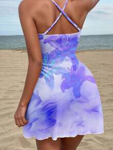 Vestido mini con cuello drapeado con estampado floral de hibisco naranja y amarillo en estilo retro vacacional elegante para mujer - Salidas, playa, bodas, cumpleaños, fiestas, chic, festival occidental, chica de isla vintage, vacaciones en la , - Morado - Ver 3