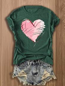 Casual Knitted Round Neck Short Sleeve Tee With Pink Heart Graphic, Plus Size Top For Summer Style,Only One Short-Sleeve Shirt - Green One-piece Pack - 2 - View 8