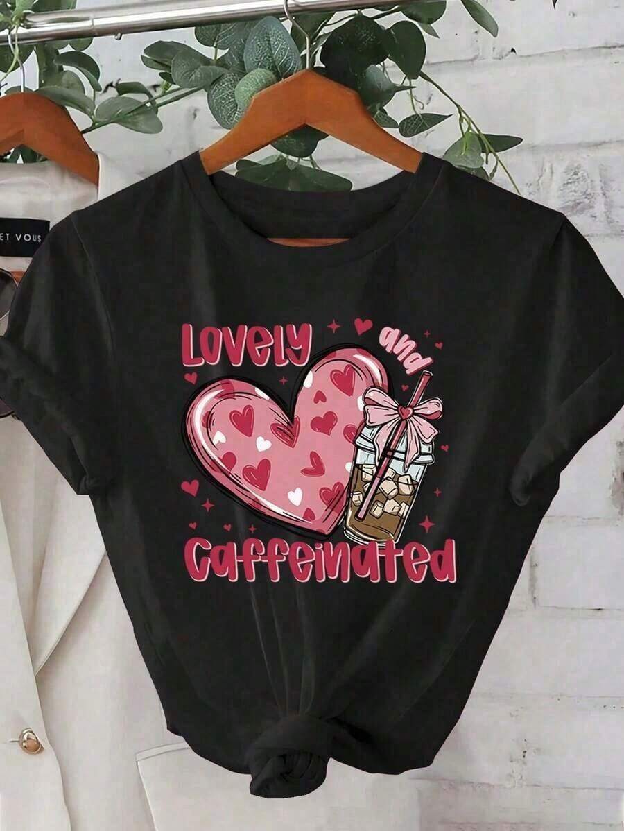 Camiseta de manga corta estampada para mujer. Perfecto para citas, desplazamientos diarios y salidas informales. Diseño clásico minimalista de cuello redondo, fácil de combinar y se adapta a todo tipo de cuerpos. - Negro - Ver 1