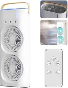 Ventilador de Torre Portátil con Humidificador, Doble Ventilador con Base Giratoria y Nebulización, Control Remoto, 3 Velocidades, Silencioso y Recargable para Oficina o Dormitorio, Blanco - Blanco - Ver 5