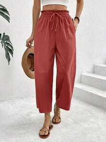 Pantalones casuales de mujer con cintura con cordón a cuadros - Color caoba - Ver 7