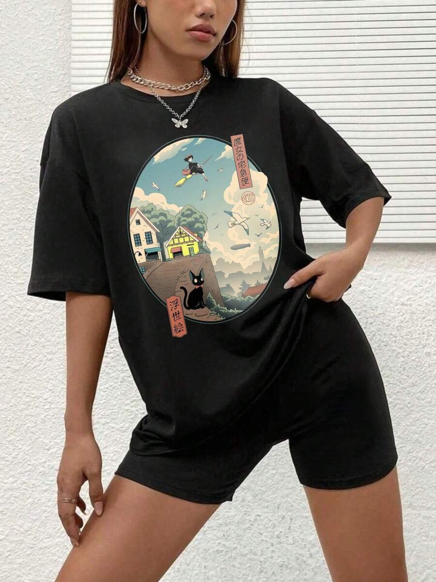 1 Piece 180g Women's Cotton Shirt, Oversized Short Sleeve Round Neck With Print For Daily And Street Wear, Designed By Y2K Artists In The Bababask Style - 黑色5 - 查看 1