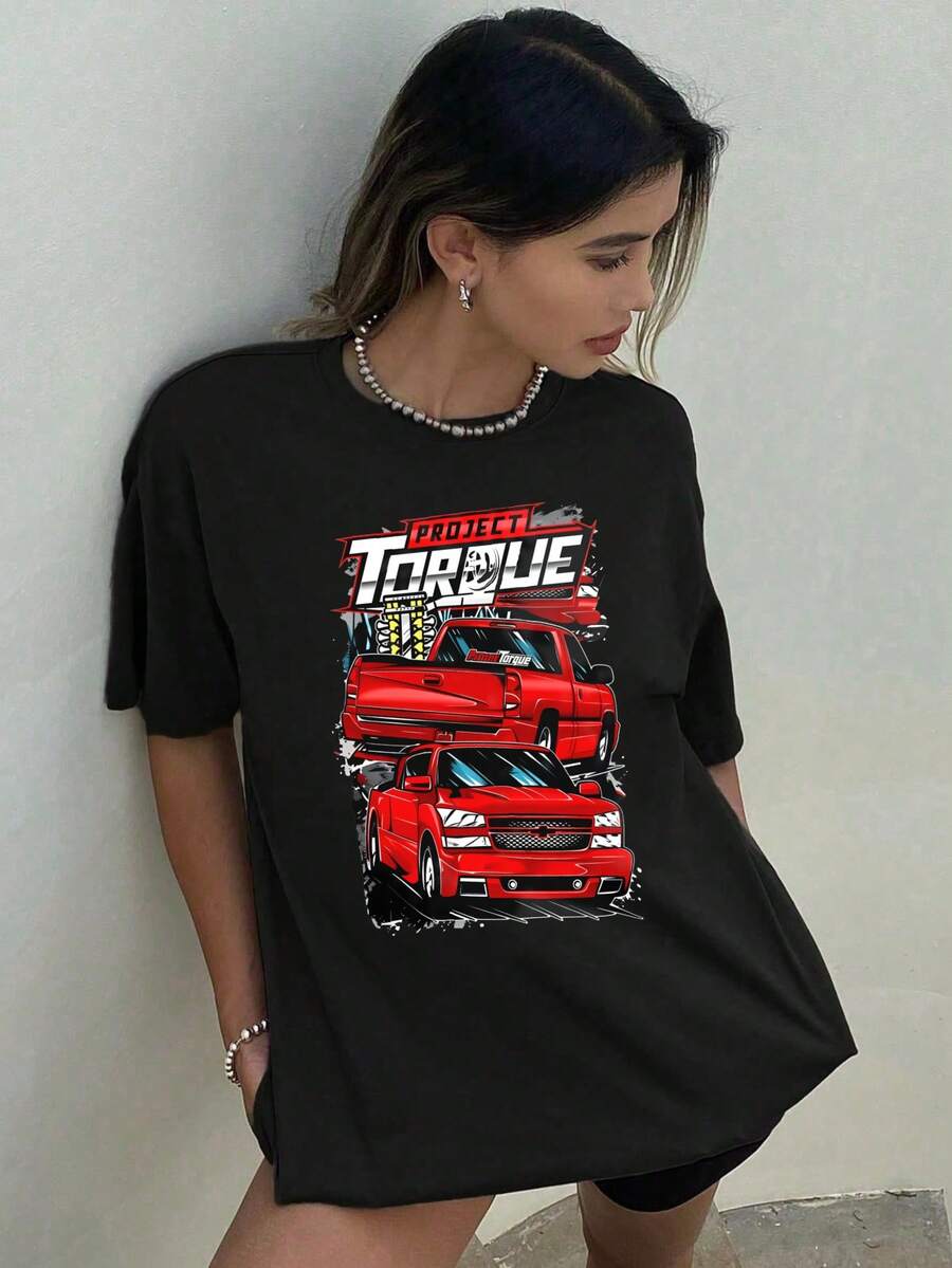 1 Piece 180g Camisera de Algodón para Mujer, Oversize Manga Corta Cuello Redondo con Estampado para el Diario y la Calle,designed by Y2K artists in the Bababask style - Negro 8 - Ver 1