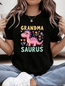 GRANDMA SAURUS Women's Cartoon Print T-Shirt, Round Neck, Fashionable, Comfortable, Casual Style For All Seasons, Comfortable Fit, Fashionable Design, Versatile For Everyday Wear, Soft Fabric, Modern Style - 黑色 - 查看 1