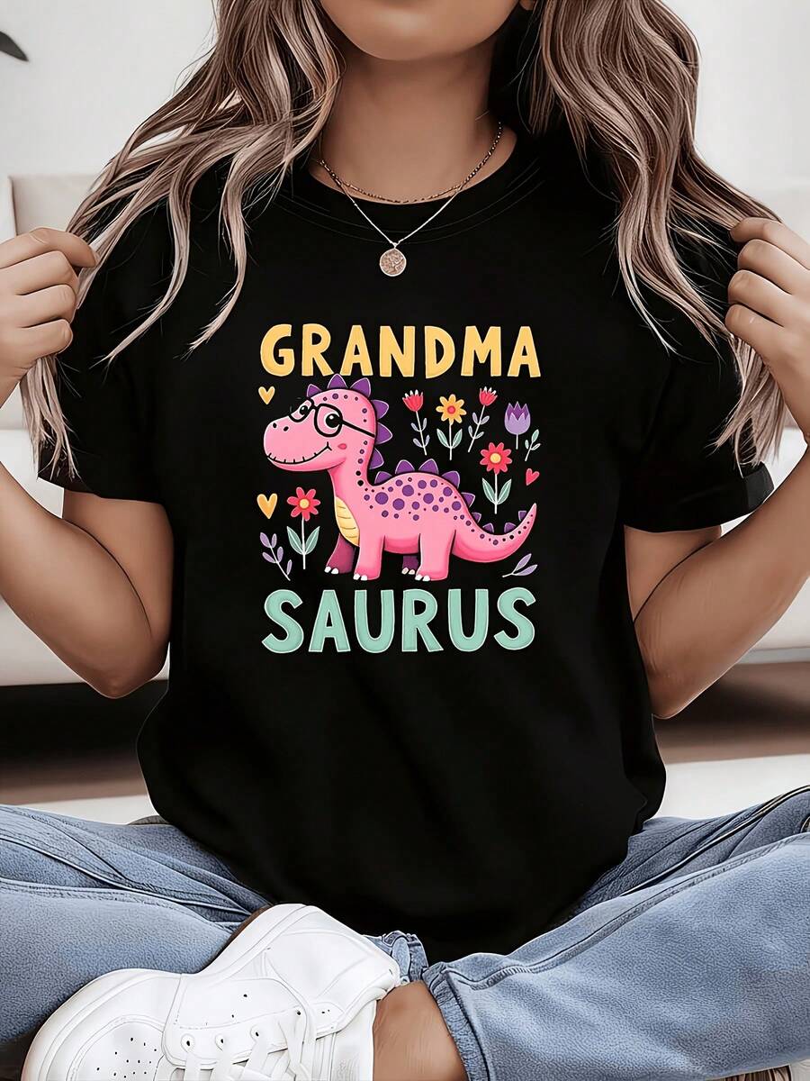GRANDMA SAURUS Women's Cartoon Print T-Shirt, Round Neck, Fashionable, Comfortable, Casual Style For All Seasons, Comfortable Fit, Fashionable Design, Versatile For Everyday Wear, Soft Fabric, Modern Style - 黑色 - 查看 1