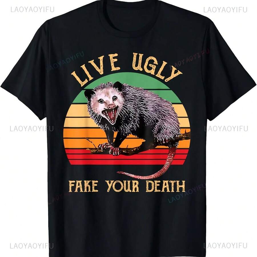 Camiseta Kawaii Live Ugly Fake Your Death Possum, camiseta informal con estampado gráfico de dibujos animados divertidos, camisetas holgadas Hipster de Hip Hop - forma - Ver 1