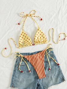 PEPPERMOLLY Conjunto de Maiô Bikini Halter Retrô com Bolinhas e Listras — free download
