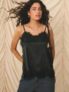-E Elegante conjunto de vacaciones para mujer con top de tirantes finos, ajuste ceñido, de satén beige con ribete de encaje - Negro - Ver 8