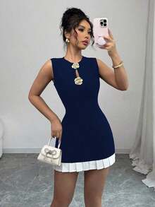 Raffinéa Vestido con hebilla de metal hueca y ribete de volantes para mujer - Azul marino - Ver 4