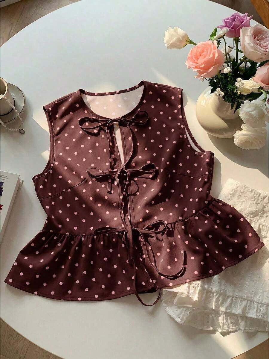 Blusa de rayas y estampado sin mangas para uso diario sencilla, tops sin mangas - Marrón - Ver 1
