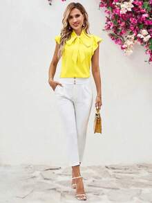 Blusa con lazo elegante para mujer, versátil para el trabajo y el uso casual, verano - Amarillo 2 - Ver 6