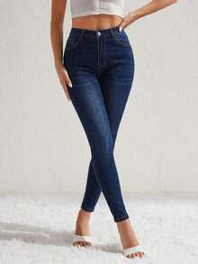 Jeans vaqueros de mujer ceñidos con bolsillos, informales y versátiles - Azul lavado oscuro 3 - Ver 6