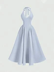 YHHSHEIN MOD Vestido largo con corbata de cuello de unicolor y estilo minimalista para mujer, uso casual diarioYHH - Azul - Ver 2