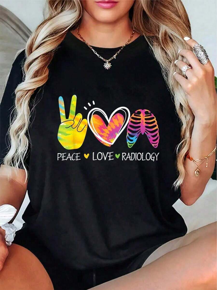 Camiseta gráfica de radiología Peace Love - Camiseta casual para mujeres, diseño de corazón colorido y signo de la paz, cuello redondo, manga corta - Adecuada para radiólogos, técnicos de rayos X y profesionales médicos, regalo de San Valentín, uso diario, envío gratis - Multicolor - Ver 1