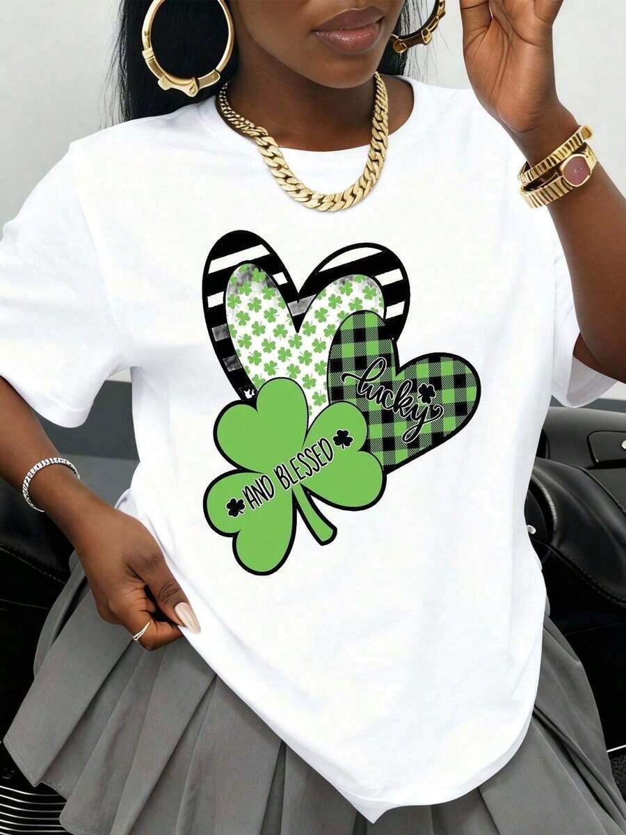 Camiseta de manga corta para mujer con estampado de corazón y trébol de la suerte, estilo casual y moderno, cuello redondo, para la celebración del Día de San Patricio, camiseta de verano. - Blanco - Ver 1