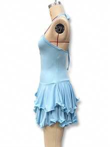 Vestido corto elegante mujer manga campana halter espalda descubierta ajustado con botones estilo europeo nueva moda - Azul - Ver 8