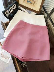 Pantalones cortos/falda/culotte/shorts de mujer de tela suave y texturizada de cintura alta con abertura, de uso versátil y casual, para primavera/otoño - Rosa - Ver 2