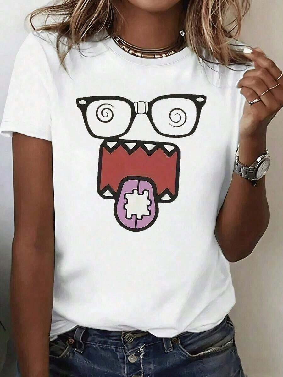 1 Piece Of Women's Printed T-Shirt With A Unique Glasses And Cartoon Face Design, Casual Retro Style, Soft And 100% Cotton, Comfortable, Perfect For Everyday Wear, A Fun Gift For Girls. 210g 100% Cotton, Designs Are Fully Printed. Unisex. Suitable For Spring, Summer, And Autumn. - 白色 - 查看 1