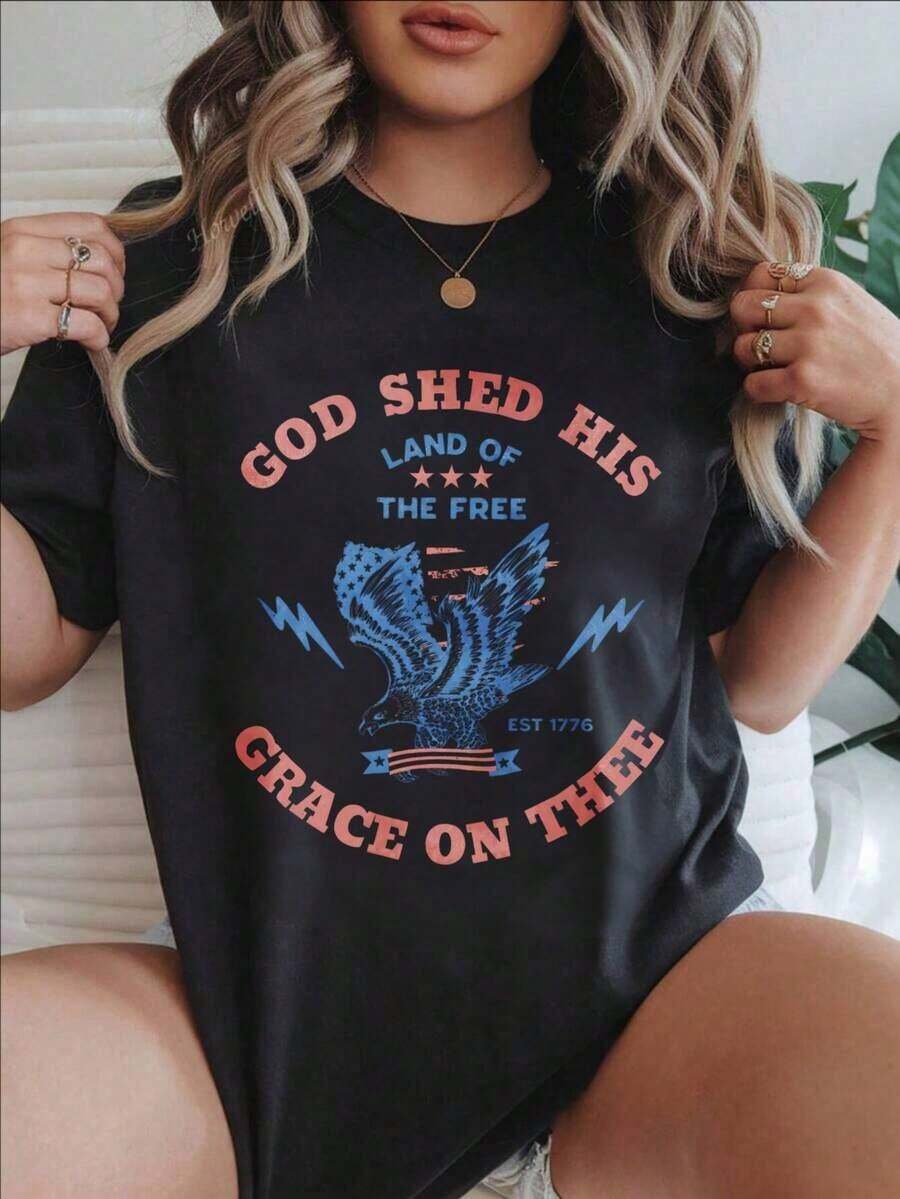 Vintage God Shed His Grace On Thee Land Of The Free Eagle Design Fashionable Casual Printed T-Shirt For Women, Suitable For All Seasons
-WhiteFashion - 黑色 - 查看 1