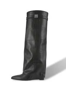 Luxury Fashion Women Fold Over Pointy Pull-On Shark Boots Women Wide Calf Padlock Boots Nightclub Elegant Shoes - mẫu đá đen - Xem 8