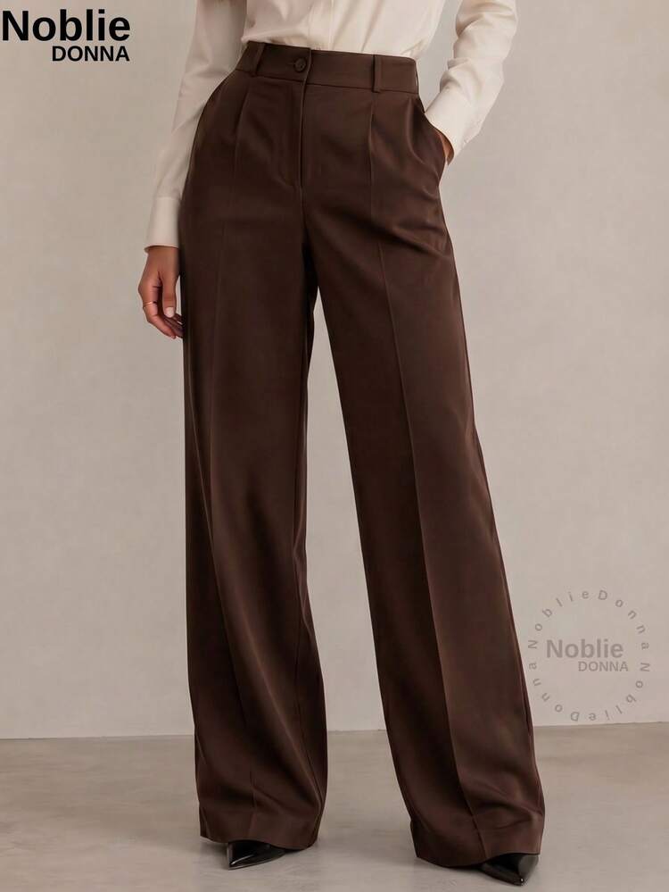 Set Of 2 Tailored Wide Leg High-Waisted Palazzo Pants, Elegant, With Front Button - 1 海軍藍 1 棕色 - 查看 4