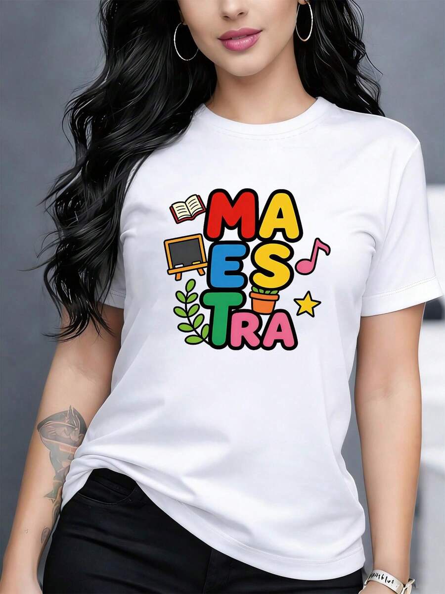 Camiseta de algodón puro con estampado para mujer, diseño de profesora española, combinada con libros de dibujos animados, pizarra, plantas, elementos de enseñanza y texto impreso, camiseta de manga corta con cuello redondo para primavera-verano. - Blanco - Ver 1